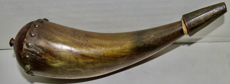 POWDER HORN, 18TH C., ENGRAVED W/ PINWHEELS, PA/VA