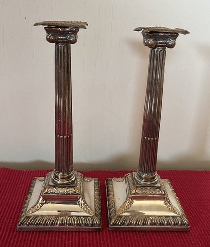 Pr Old Sheffield Silver Candlesticks