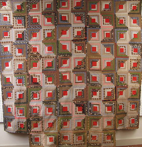 19thc. Lightning Log Cabin Quilt w/Cut Corners