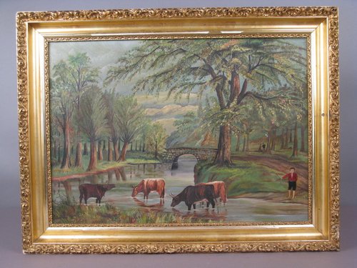 Naive Painting of Boy with Cows