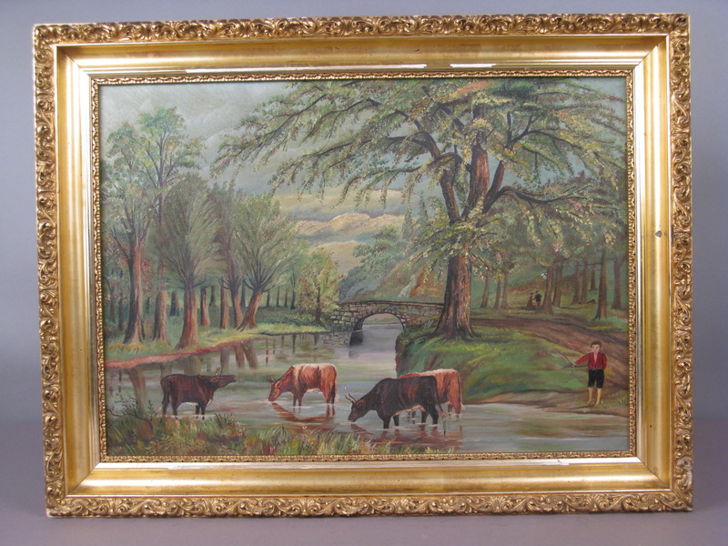 Naive Painting of Boy with Cows