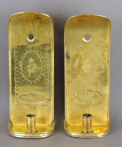 Pr. 19thc. Decorated Brass Candle Sconces