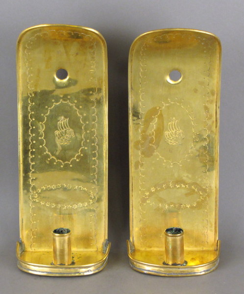 Pr. 19thc. Decorated Brass Candle Sconces