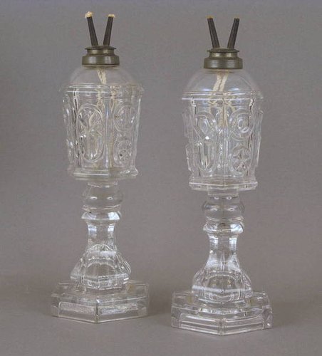 Pr. Early 19thc. Sandwich Glass Whale Oil Lamps
