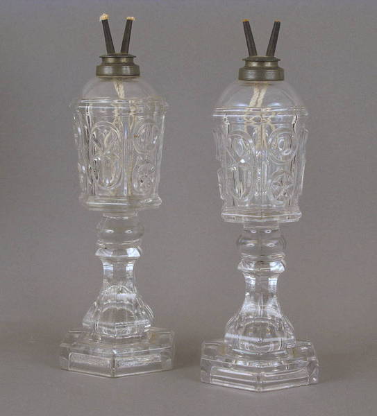 Pr. Early 19thc. Sandwich Glass Whale Oil Lamps