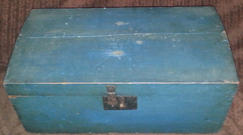 19thc. Blue Dometop Box w/Maine Newsprint