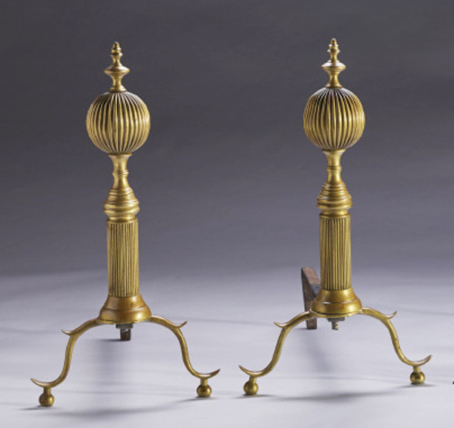 Pr. 19thc. Reeded Brass Andirons