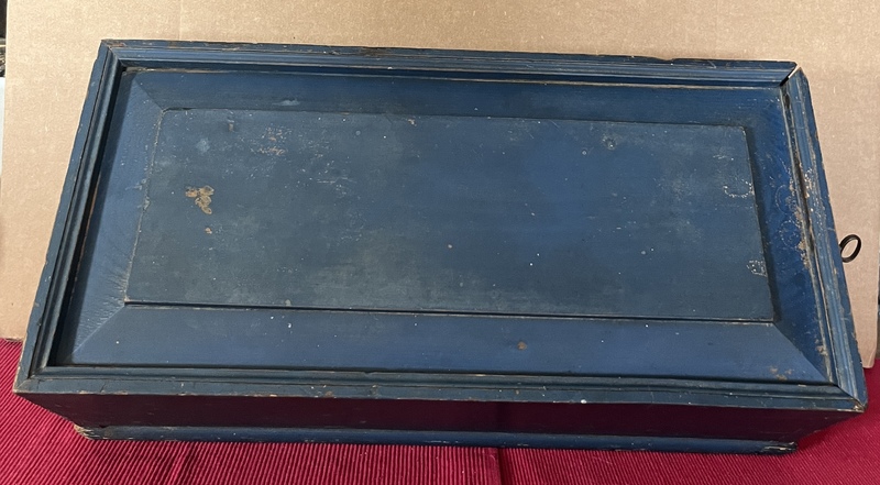19thc. Lg. Blue Slide Lid Box with Key