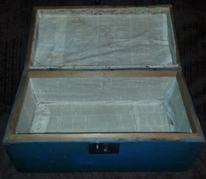 19thc. Blue Dometop Box w/Maine Newsprint