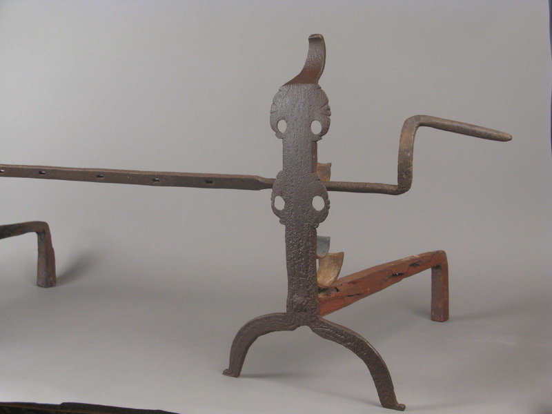 18thc. Wrought Iron Andirons & Scewer