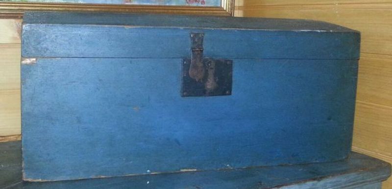 19thc. Blue Dometop Box w/Maine Newsprint