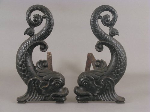 Pr. 19thc. Signed Cast Iron Andirons