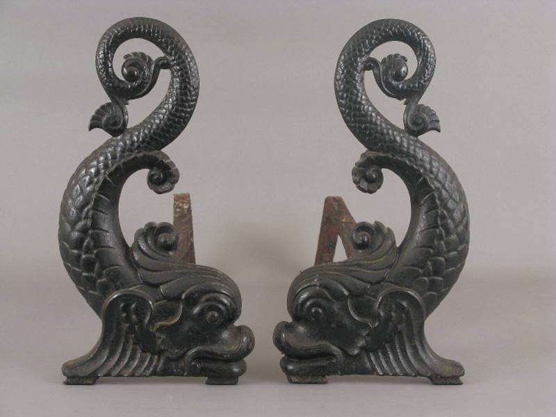 Pr. 19thc. Signed Cast Iron Andirons
