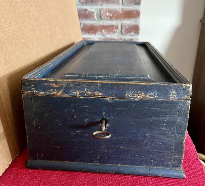 19thc. Lg. Blue Slide Lid Box with Key