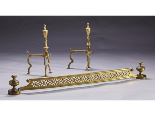 19thc. Pair of Brass Fire Dogs & Brass Fender
