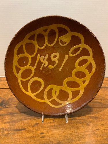 19th C. Redware Plate with Dated Slip Decoration