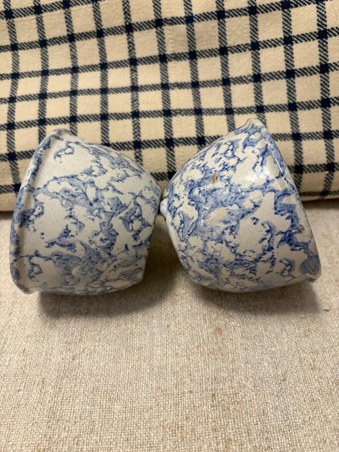 *PAIR C 1880 LARGE BLUE/WHITE SPONGE CUSTARD CUPS