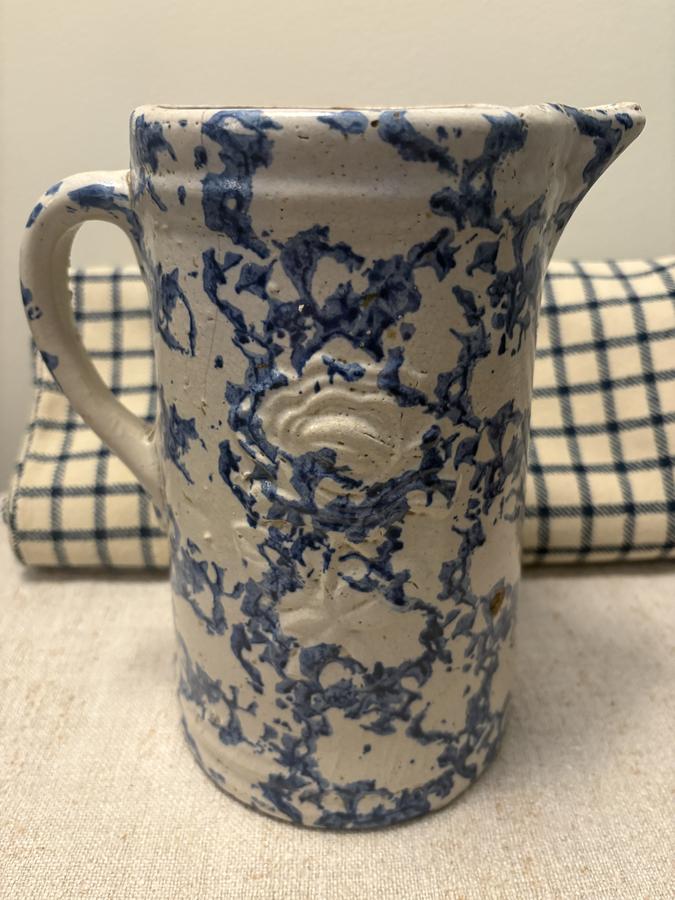 *C1880 BLUE/WHITE SPONGE PITCHER