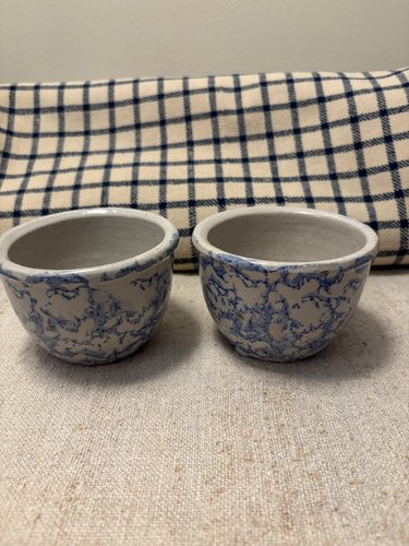 *PAIR C 1880 LARGE BLUE/WHITE SPONGE CUSTARD CUPS