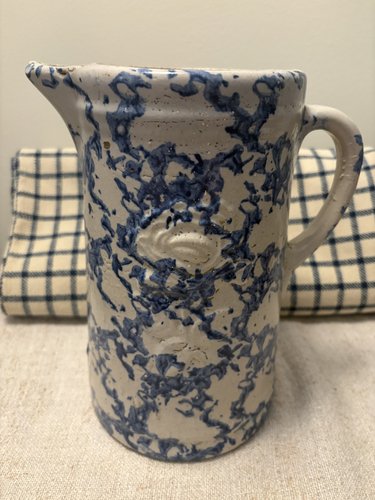*C1880 BLUE/WHITE SPONGE PITCHER