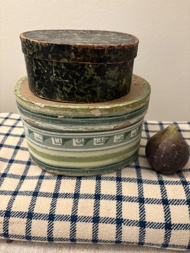 19TH C PAIR OVAL WALLPAPER BOXES