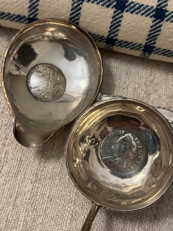 PAIR 18TH C COIN SILVER PUNCH/TODDY LADLES
