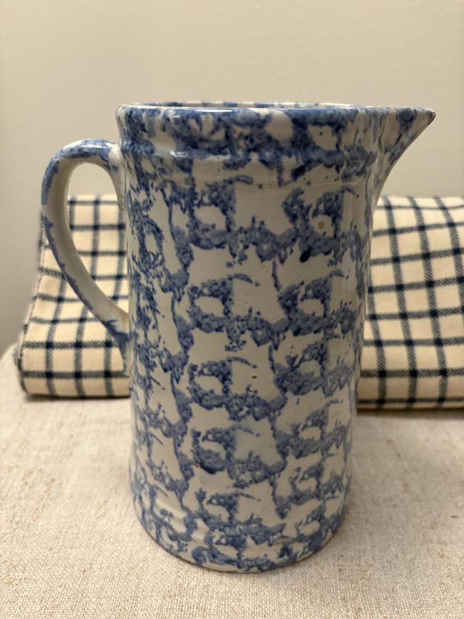 *C1880 BLUE/WHITE SPONGE PITCHER