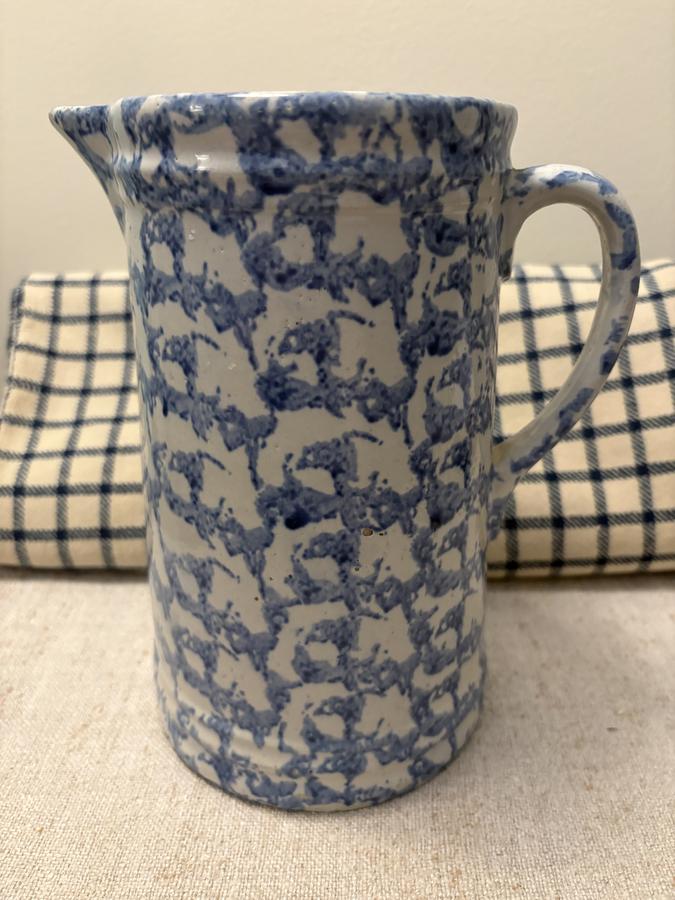 *C1880 BLUE/WHITE SPONGE PITCHER
