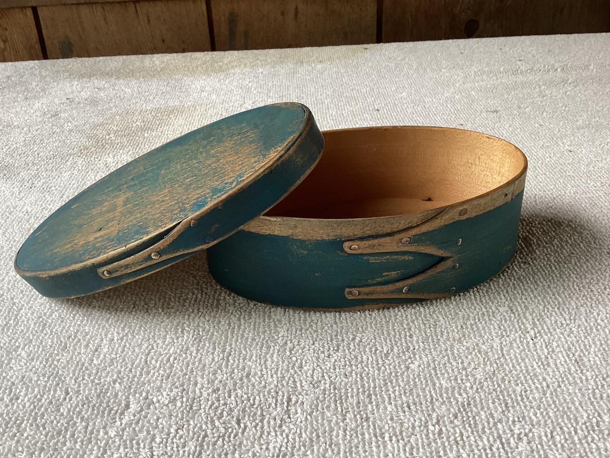 1800’s Oval Fingered Shaker Pantry Box 5 1/4” Blue
