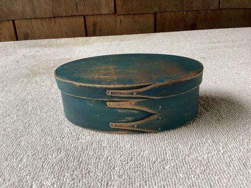 1800’s Oval Fingered Shaker Pantry Box 5 1/4” Blue