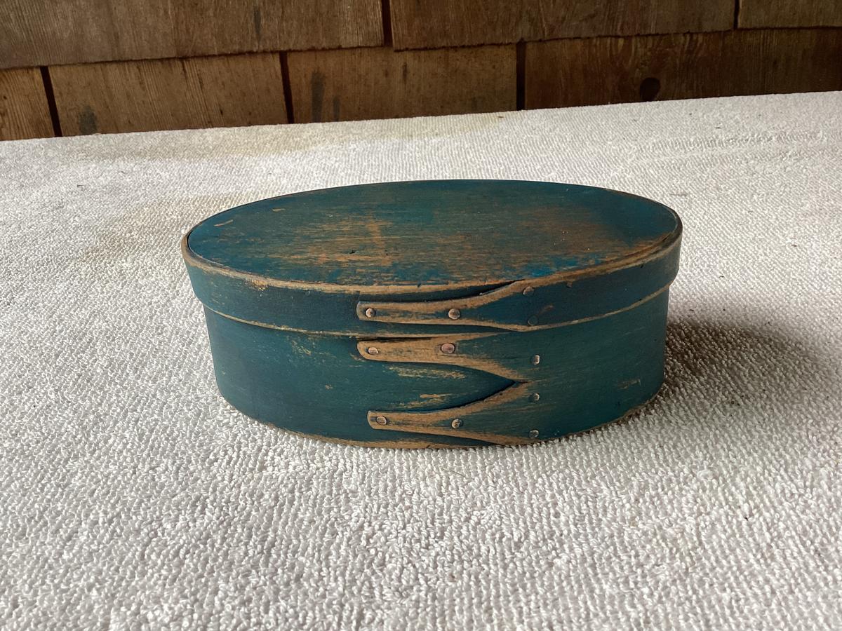 1800’s Oval Fingered Shaker Pantry Box 5 1/4” Blue