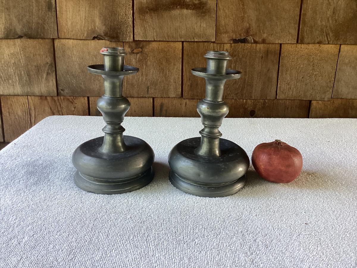 Pilgrim Era Bulbous Capstan Pewter Candlesticks