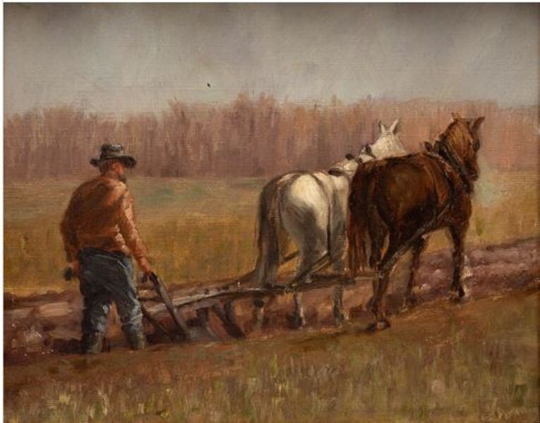 Folk Art Oil on Canvas of Farmer Plowing