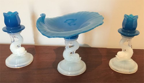 Rare Pittsburgh Glass Dophin Console Set