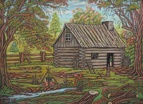 Folk Art Painting - Log Cabin