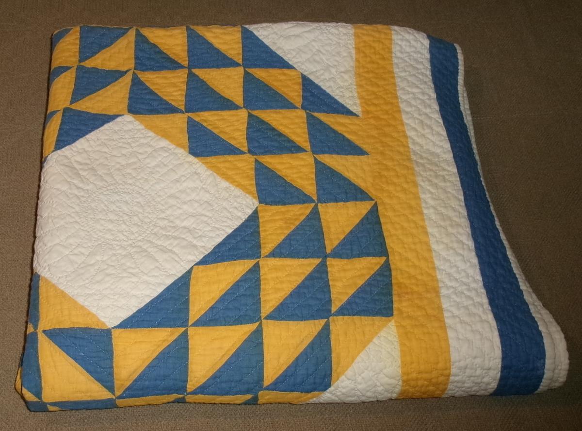 Hand Stitched Antique Blue, Yellow & White Quilt