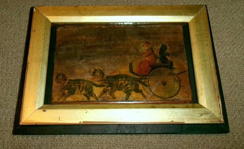 Small Frame with Print of Cat Drawn Wagon