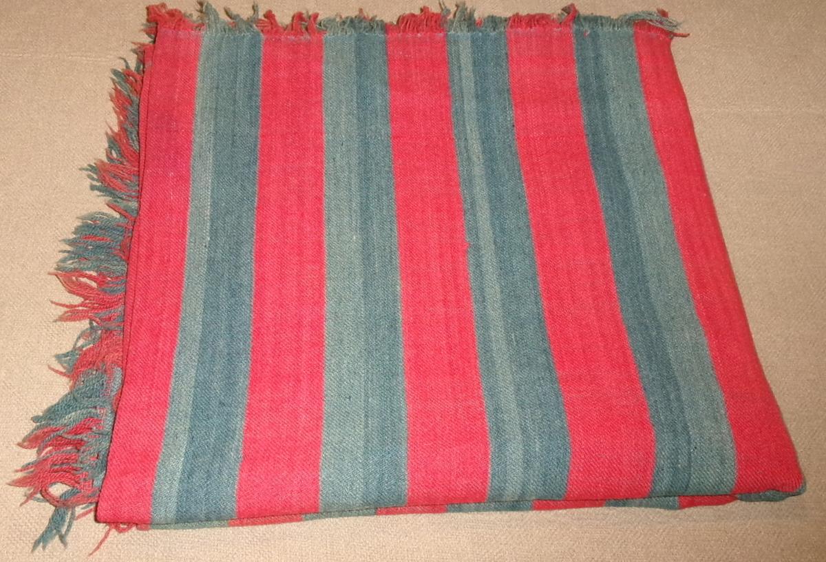 Early 1800's Blue & Red Bars Coverlet