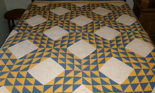 Hand Stitched Antique Blue, Yellow & White Quilt