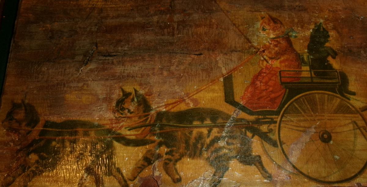 Small Frame with Print of Cat Drawn Wagon