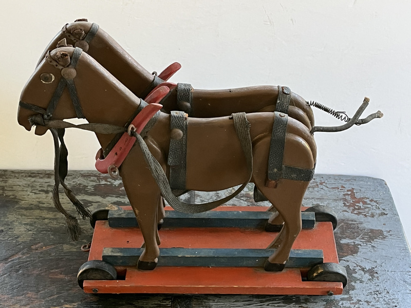 Carved Pull Toy Horses on Platform