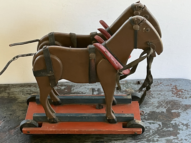 Carved Pull Toy Horses on Platform
