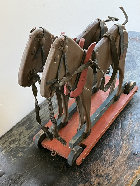 Carved Pull Toy Horses on Platform