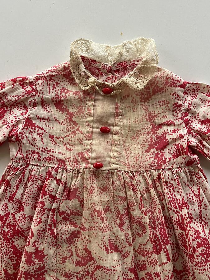 Small Red and Ivory Print Doll's Dress