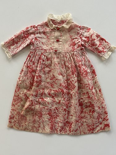 Small Red and Ivory Print Doll's Dress