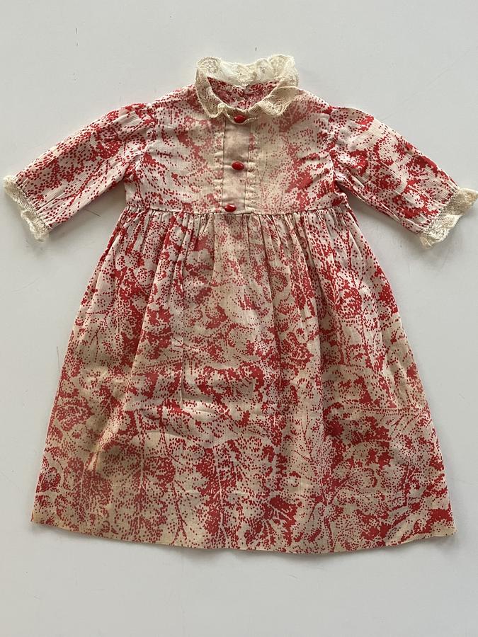 Small Red and Ivory Print Doll's Dress
