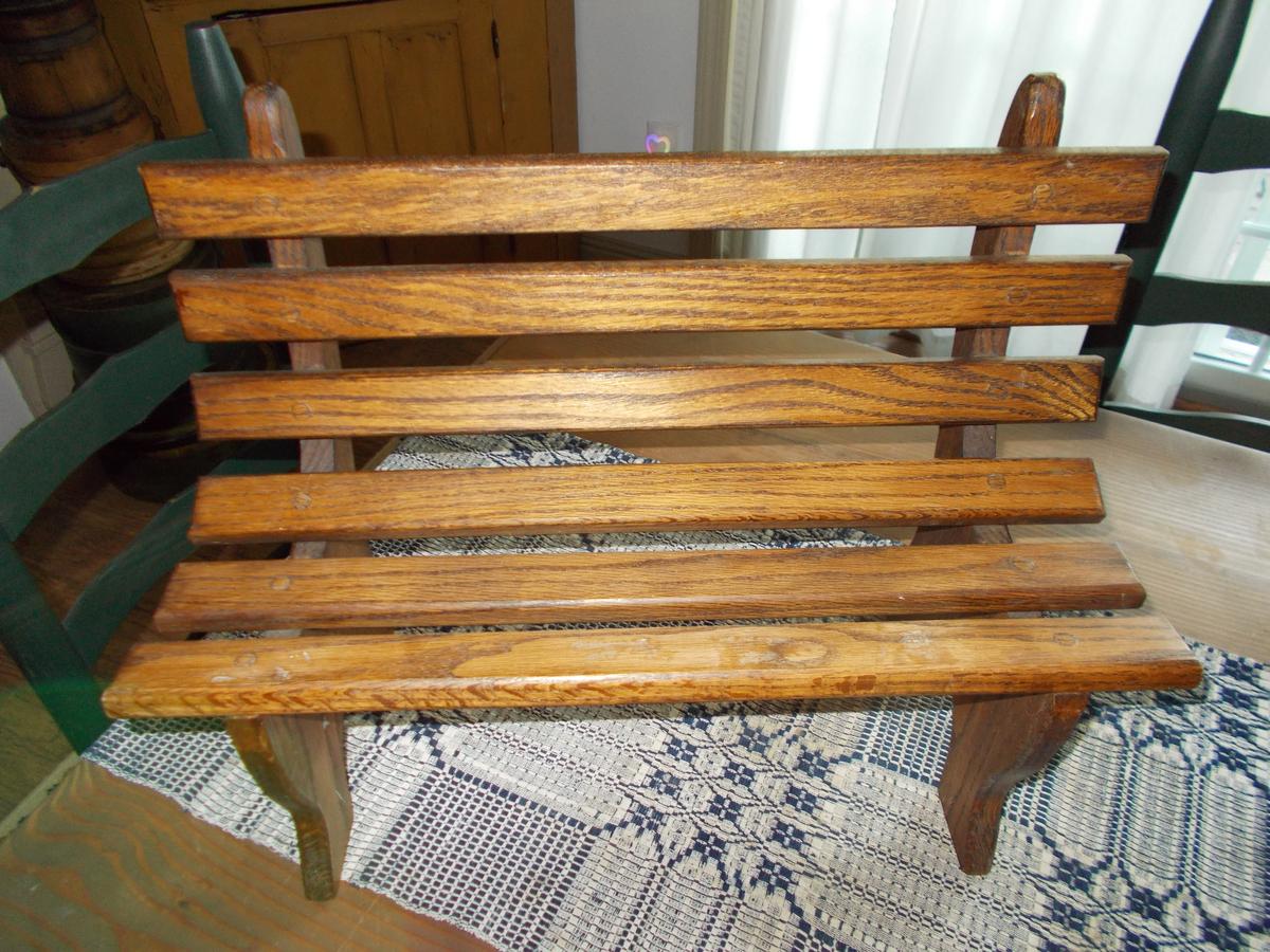 VINTAGE MINIATURE OAK SLAT DOLL BENCH