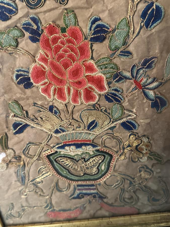 Urn of Flowers Needlework w/Gold(?) Thread