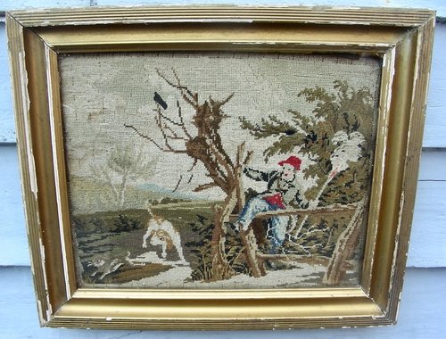 Small Needlework of Rabbit Hunter w/Dog