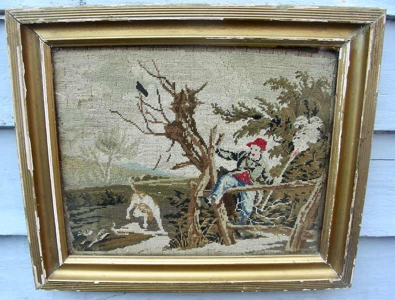 Small Needlework of Rabbit Hunter w/Dog